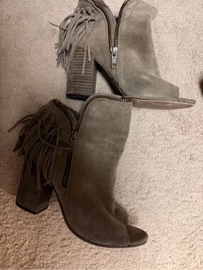 Suede Fringe Peep-Toe Block Heel Ankle Boots - Taupe